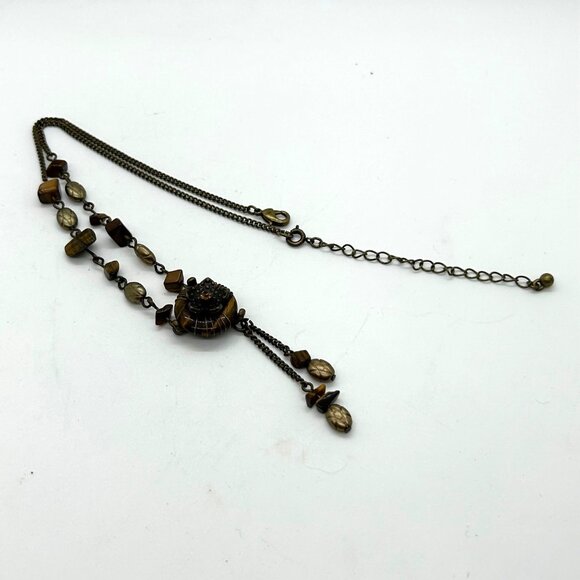 Avon Tiger Eye Necklace Dangle Floral  Vintage Brass-tone up to 19 inches - Picture 2 of 15
